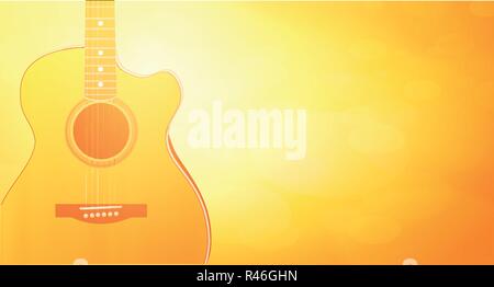 Vector Backtound with warm orange color and Acoustic Guitar. Horizontall wallpaper of sunshine and glow. Stock Vector