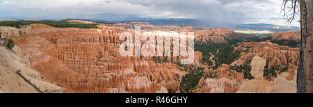 Panoramic view over the needle shaped mountain structure at Bryce Canyon National Park during sunrise, Utah, USA Stock Photo