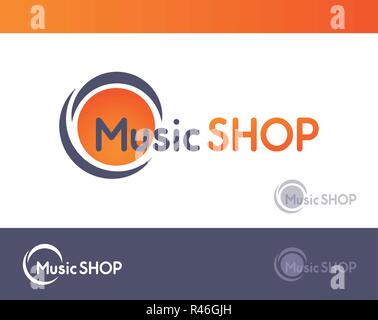 Logo for Music SHOP isolated on white and dark grey blackground - Vector illustration of emblem with watermark. Stock Vector