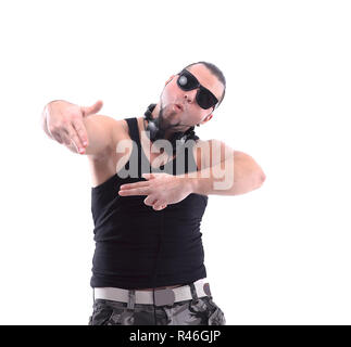 stylish rap artist with black glasses.isolated on white background. Stock Photo