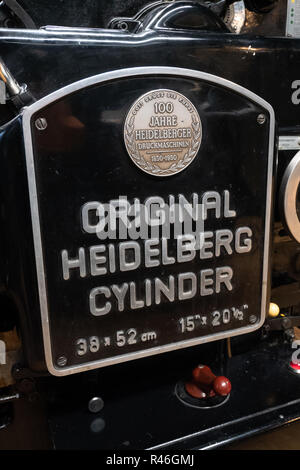 Close up of an original working Heidelberg cylinder printing press at the GRID Grafisch Museum in Groningen, Netherlands. Stock Photo