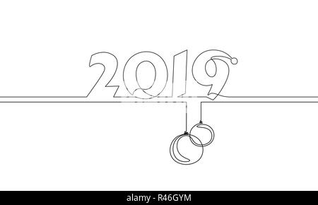 2019 New Year single continuous line art. Holiday greeting card headline decoration date numbers lettering silhouette concept design one sketch outline drawing white vector illustration Stock Vector