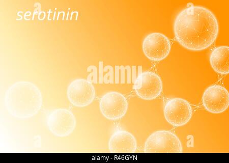 Serotonin happiness hormone 3D molecular structure. Low poly sphere polygonal happy mood emotion antidepressant medical drug treatment. Orange gold light white shiny love joy vector illustration Stock Vector