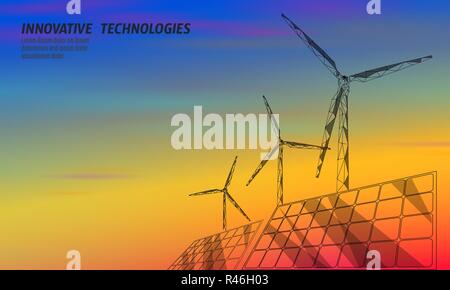 Solar panels windmills turbine generating electricity. Green ecology saving environment. Renewable power low poly polygonal geometric colorful sunset red orange blue sky design vector illustration Stock Vector