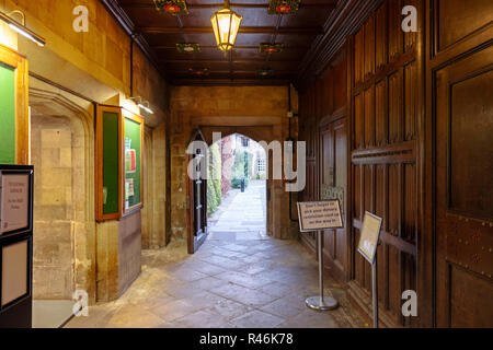 Interior passageway between Court 1 and 2 at Christ's College Cambridge during a so called quiet period and open to the public. Stock Photo