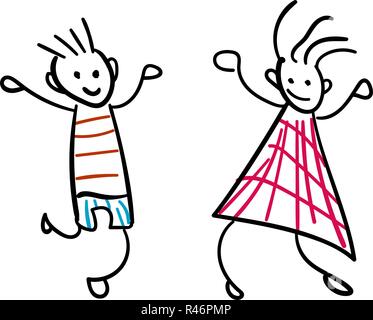Girl and boy in the style of childrens drawings. Vector illustration. Outline drawing on a white background. Stock Vector