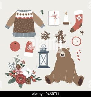 Set of cute Christmas animal, lifestyle and food icons. Bear, knitted sweater, glowes, Santa socks, gift boxes and gingerbread cookies. Vintage flat design. Isolated vector objects. Stock Vector