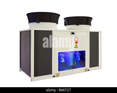 Industrial heat exchanger solution. industrial air conditioning condenser units, air compressor machine isolated on white Stock Photo