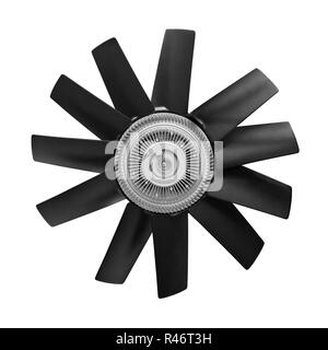 Car cooling fan with plastic blades radiator fan on white background. Car thermal clutch. radiator fan cooling on white background. Car truck details  Stock Photo