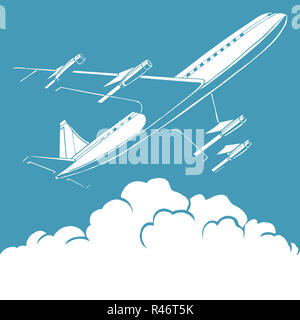 Passenger airplane in the clouds retro background Stock Photo - Alamy