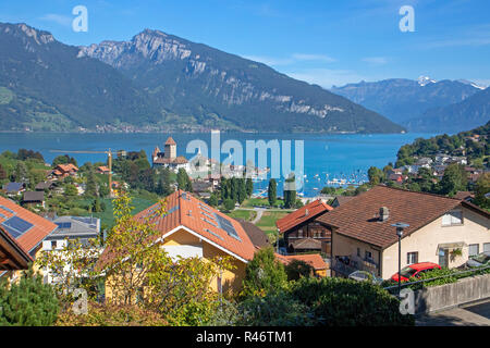 View over Spiez and Lake Thun Stock Photo