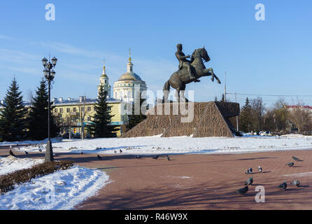 February 7, 2018 Orel, Russia. Monument to Russian military leader and statesman Aleksey Yermolov and Dormition (Michael-Archangel) Cathedral in Orel. Stock Photo