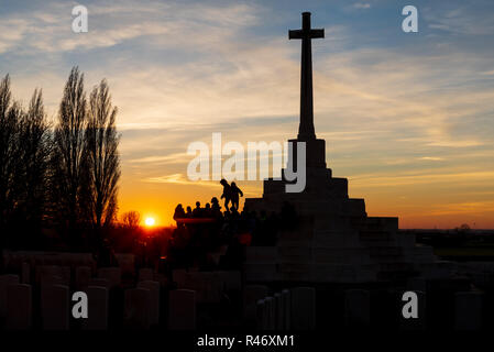 Cross of Sacrifice at sunset, Tyne Cot British military cemetery near Ypres Stock Photo