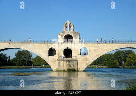 Pont d'Avignon or Pont Saint-Bénézet Medieval Bridge over the Rhone River at Avignon Provence France. Chapel of Saint Nicholas in Centre. Stock Photo