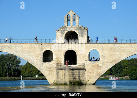 Pont d'Avignon or Pont Saint-Bénézet Medieval Bridge over the Rhone River at Avignon Provence France. Chapel of Saint Nicholas in Centre. Stock Photo