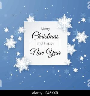 Merry Christmas Greetings card on blue background. Paper cut snow flake. Happy New Year.  Winter snowflakes background. Snowfall. Space for text. Holi Stock Vector