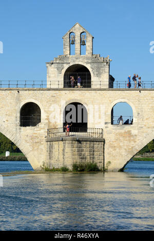 Pont d'Avignon or Pont Saint-Bénézet Medieval Bridge over the Rhone River at Avignon Provence France. Chapel of Saint Nicholas in Centre. Stock Photo