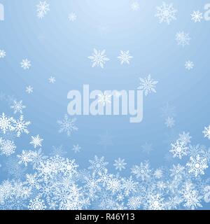 Falling white snowflakes on blue background. Blue Christmas snowflakes background. Vector illustration Stock Vector