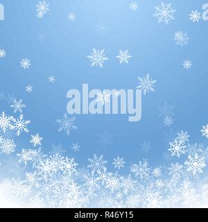Holiday winter background for Merry Christmas and Happy New Year. Falling white snowflakes on blue background. Winter blue sky with falling snow. Vect Stock Vector