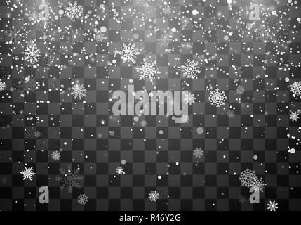 Snowfall and falling snowflakes on dark transparent background. White ...