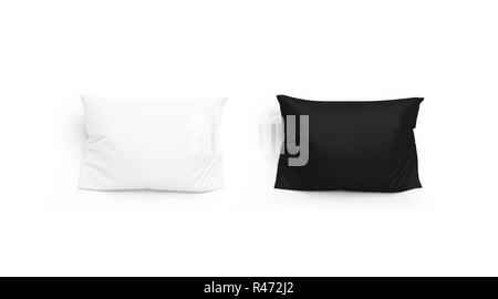 Blank black and white pillow mock up set, isolated, 3d rendering. Empty pillowslip mockup, top view. Clear pilow with fuzz template. Relax bearer for hotel branding. Stock Photo