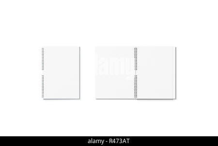 Blank white opened and closed notebook mockup set, isolated, 3d rendering. Empty blocknote mock up, front view. Clear paper diary for school or office. Sketch with spiral and page for idea template. Stock Photo