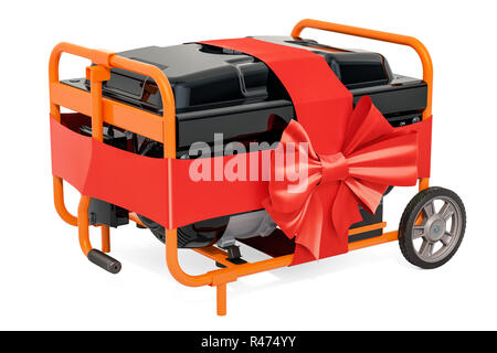 Gasoline Generator with frame and wheels with bow and ribbon, gift concept. 3D rendering isolated on white background Stock Photo