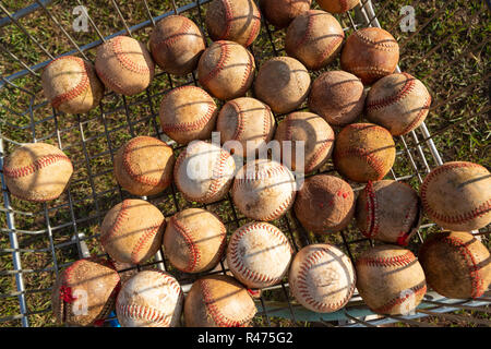 Close up of very used baseball balls in basket with grass background on sunny day. Stock Photo