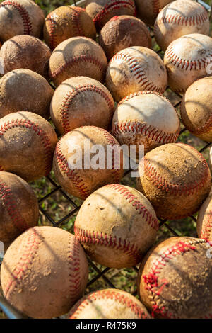 Close up of very used baseball balls in basket with grass background on sunny day. Stock Photo