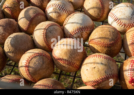 Close up of very used baseball balls in basket with grass background on sunny day. Stock Photo