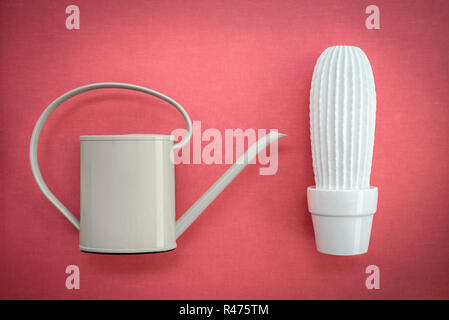 Metal watering can and white ceramic cactus on pink canvas background. Stock Photo