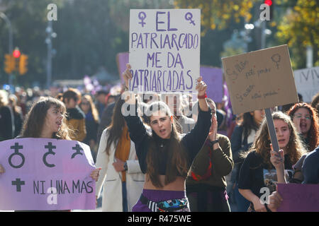 Palma de Mallorca, Spain / November 25, 2018: Women march during a demostration against violence suffered by their couples during the international da