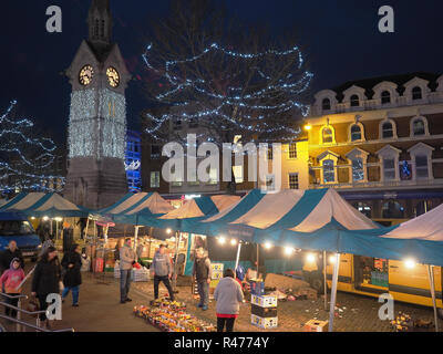 View of the Market Square and clocktower in Aylesbury Buckinghamshire on a cold night at Christmas Stock Photo