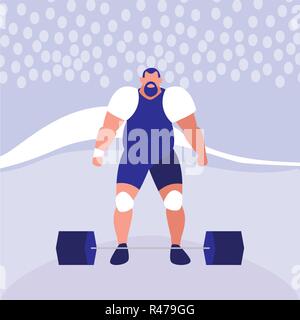 cartoon weightlifter with weights over purple background, vector illustration Stock Vector