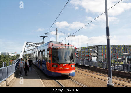 Park Square Bridge in Sheffield city centre, England UK, with Supertram Metro, Urban Transport light rail network Stock Photo