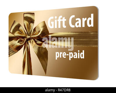 A pre-paid gift card is seen here. It is gold with a gold ribbon design on the front. Stock Photo