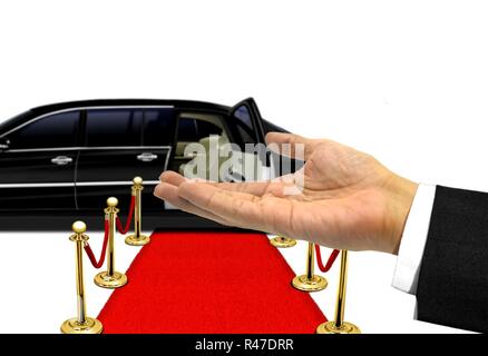 Hand welcome gesture to a luxury limousine ride Stock Photo