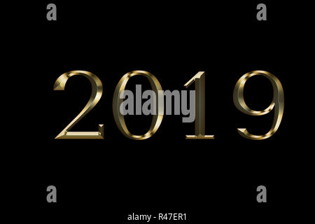 Numeral 2019, isolated on black background, 3d render . Gold number 2019 stock photo . Gold sparkling Numbers Design of greeting card of Happy new year design. Gold Shining Pattern. Stock Photo