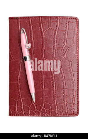 leather notebook and ballpoint pen Stock Photo
