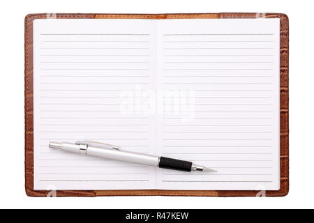 leather notebook and ballpoint pen Stock Photo