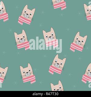 Cute seamless pattern of cats with winter scarf on green background. Stock Vector