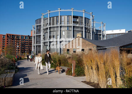 Gas Holders Park with converted luxury apartments from Victorian gas holders Kings Cross London England Stock Photo
