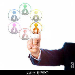 Arm Of Manager Selects On Of Six Diverse Workers Stock Photo