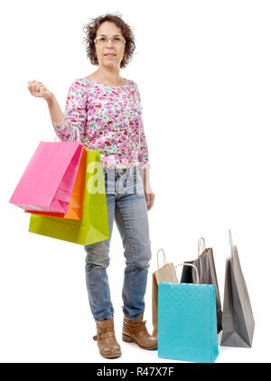 pretty woman went shopping on white background Stock Photo