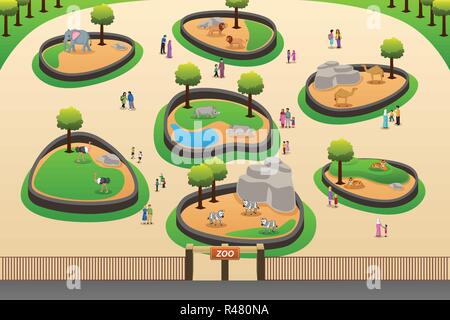 zoo cartoon people family with animals scene vector illustration ...