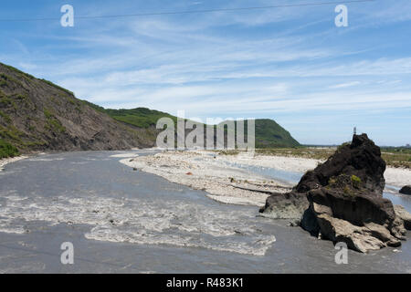 Liji Badlands, AKA Liji or Lichi melange, large swaths of badlands scenery, soil liquefaction, flow cage remains (R), Beinan Township, Taitung, Taiwan Stock Photo