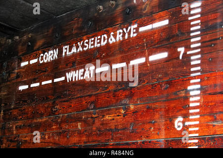 Height indicators for various grains in an old grain car Stock Photo
