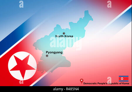North Korea map and Pyongyang with location map pin and North Korea flag on map travel of Asia - Democratic People's Republic of Korea Stock Photo