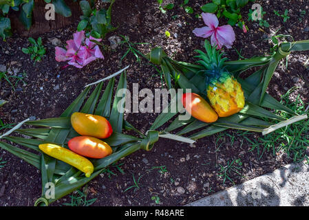 Hawaiian fruit on woven baskets Stock Photo