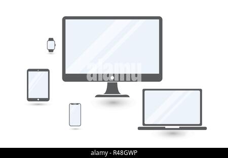 Set of minimalistic computer monitor, laptop, tablet, mobile phone and smart watchblue screen. Electronic gadgets isolated on white background Stock Vector